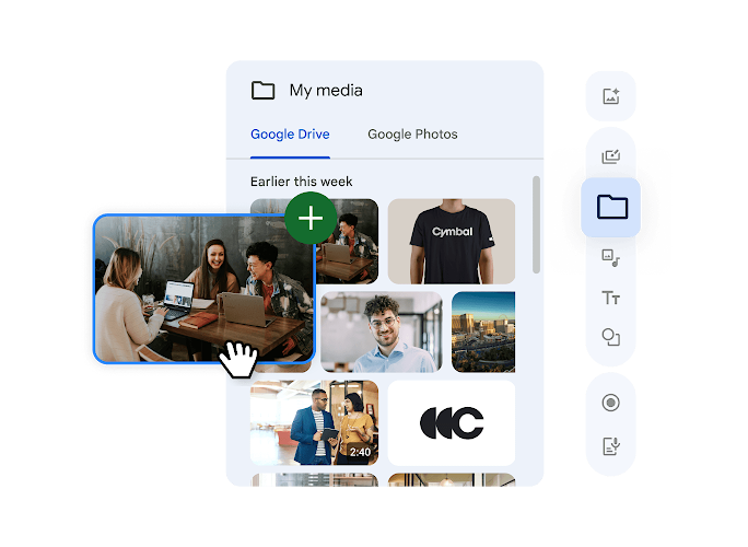 Vids panel interface displaying photo and video upload options from Google Drive and Photos