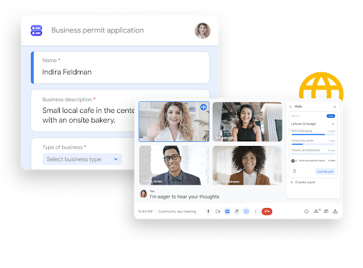 Workspace illustrative graphic – team mates share and edit Google Sheets seamlessly with Google Chat