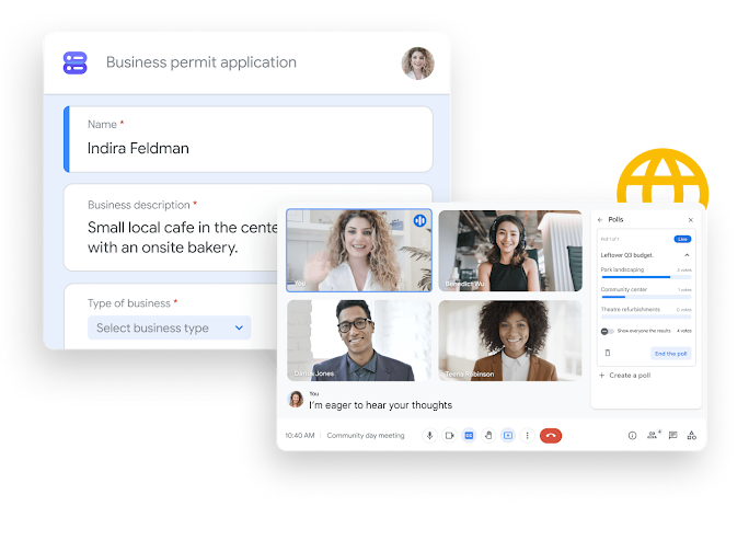 Workspace illustrative graphic – team mates share and edit Google Sheets seamlessly with Google Chat