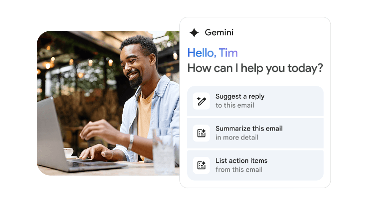 A man named Tim using Gemini in Gmail to help him with his tasks. 
