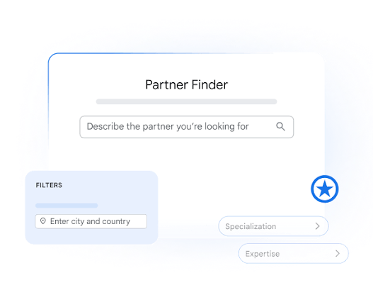 UI graphic for 'Partner Finder' showing a search field reading 'Describe the partner that you're looking for', location filters, a star badge and tags for Specialisation and Expertise.
