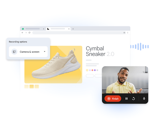 Vids screen and camera recording interface featuring a presenter and a product webpage