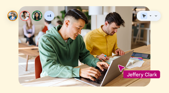Someone working on a laptop overlaid with a UI indicating that they're in a collaborative online meeting