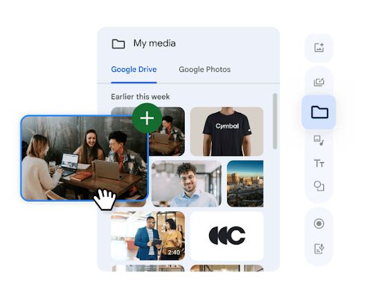 Vids panel interface displaying photo and video upload options from Google Drive and Photos