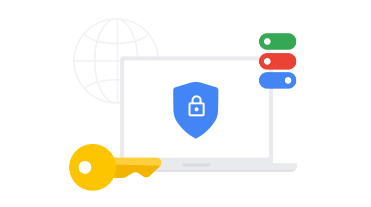 A security illustration featuring a laptop with a shield icon, a large key and toggle switches.
