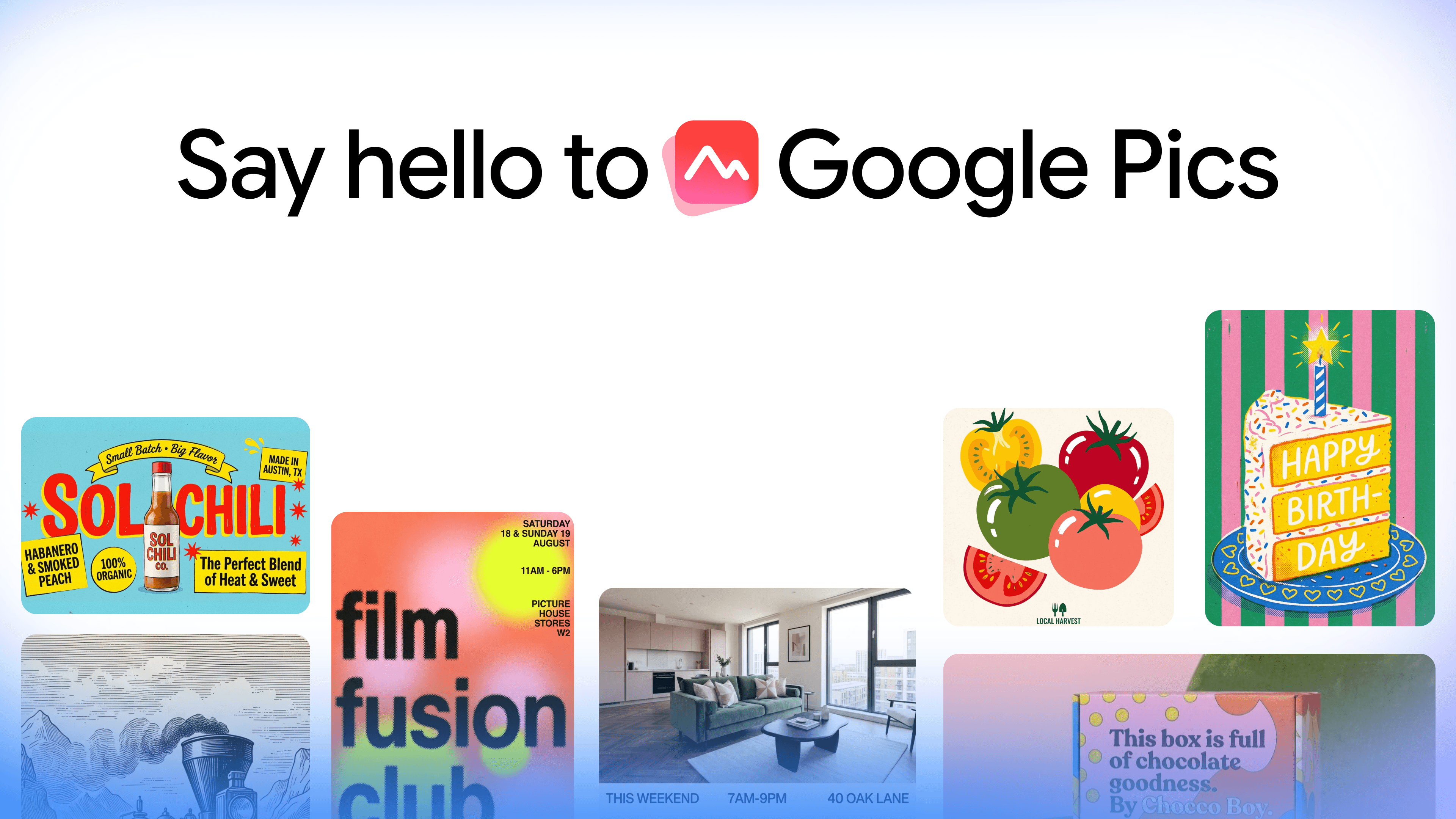 A Google Pics interface showing AI photo editing features, featuring pinpointed image prompts like "Remove Cereal Box" and "Fold blanket neat...", an "Apply 3 edits" button, and a finished bright, natural photo of a modern living room.