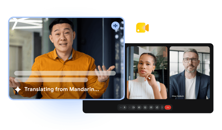 A video conference interface shows three participants. A man in an orange shirt is speaking and gesturing, with a caption reading 'Translating from Mandarin...' appearing over his video tile while two colleagues listen in separate windows.