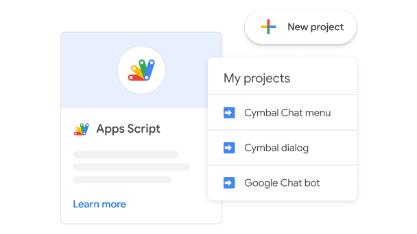 Apps Script interface showing 'New project' and a list of three projects under 'My projects'.