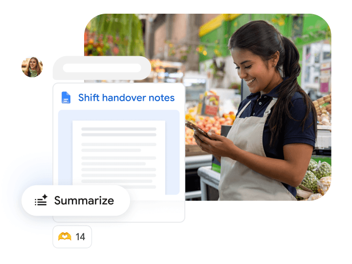A smiling woman in a supermarket apron looks at her phone. An overlay shows a 'Shift handover notes' document with a 'Summarise' feature.