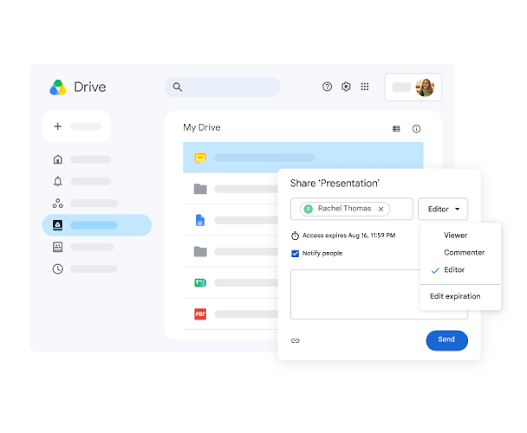 Sharing a file from Drive and changing access to editor with an expiry date
