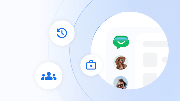Graphic representing Google Chat communication, showing the Google Chat icon with user profile avatars alongside floating badges for history, group and work icons.