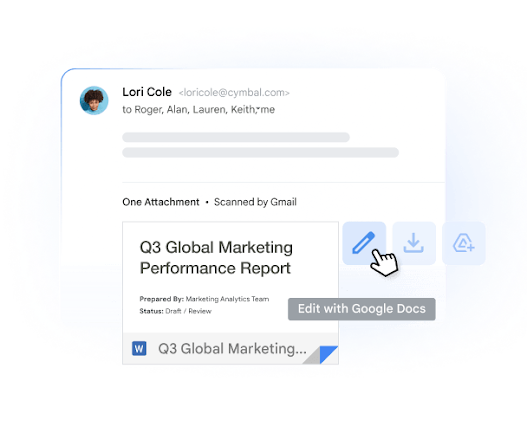 UI mockup of an email preview showing a Word attachment titled 'Q3 Global Marketing Performance Report' with a cursor selecting the 'Edit with Google Docs' option.