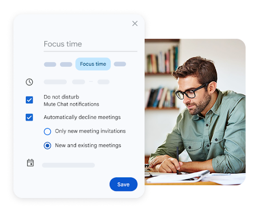 A man working on a laptop and a calendar card for scheduling 'Focus time' with 'Do Not Disturb' enabled.