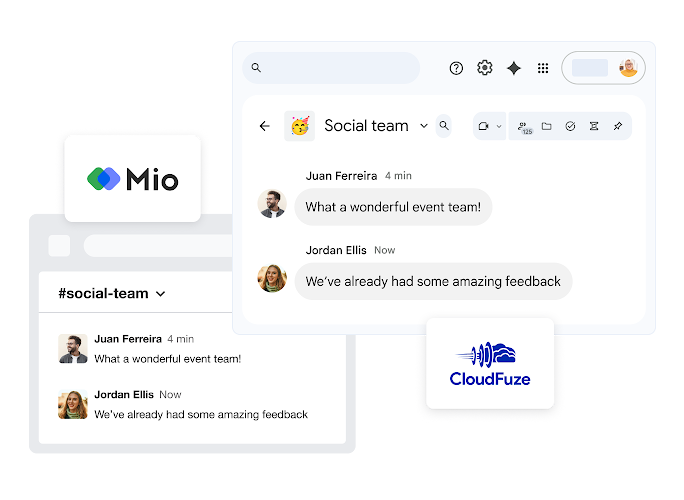 Chat windows featuring the logos of third-party interoperability solutions Mio and CloudFuze.