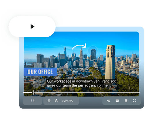 Vids playback interface showing a cityscape scene with captions and player controls.