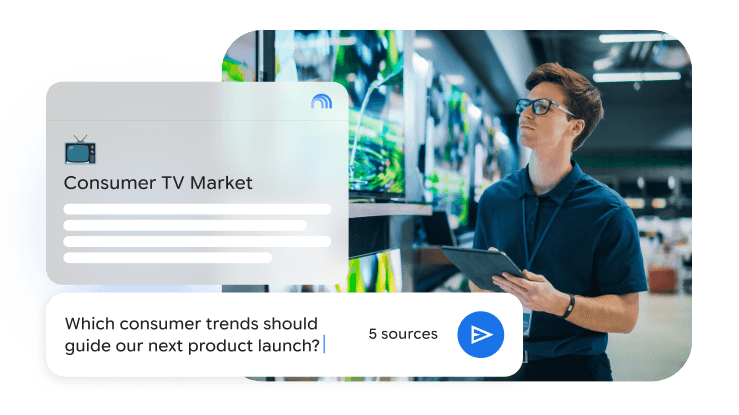 An illustration of AI-driven market research showing a man in a technology showroom. Digital overlays include a 'Consumer TV Market' source file and a prompt asking Gemini for trend insights to guide a product launch.