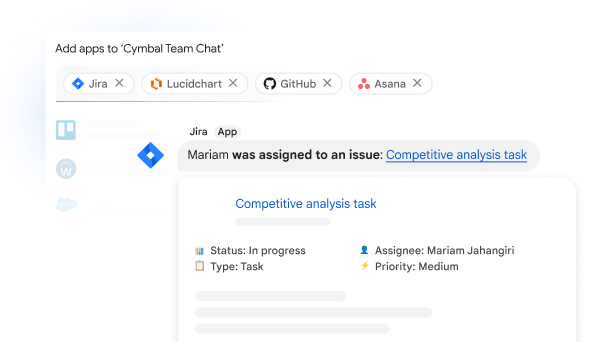 Google Chat interface displaying Jira being added to a team chat. The pop-out window shows the various components of a project, like status, type, assignee and priority. 
