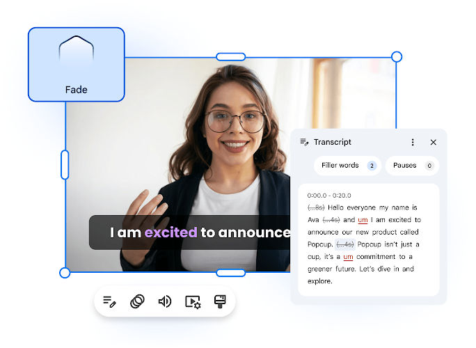 Vids editing workspace featuring an automated transcript tool and caption overlay