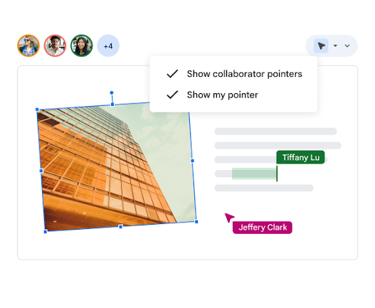 A user can select to show their own and collaborators' pointers on a slide so that everyone can see exactly who is doing what.
