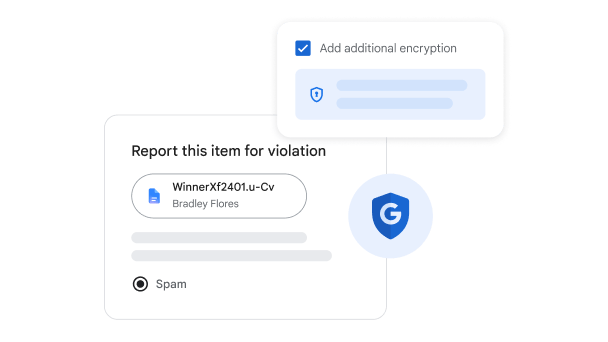 Pop-up windows to report a document as spam or add additional encryption.