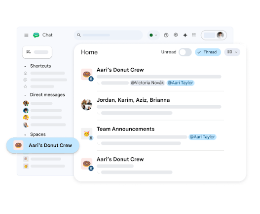Google Chat desktop sidebar showing a list of direct messages and Spaces, including 'Aari's Donut Crew'.