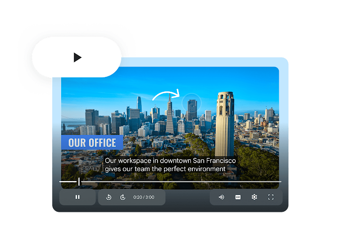 Vids playback interface showing a cityscape scene with captions and player controls.