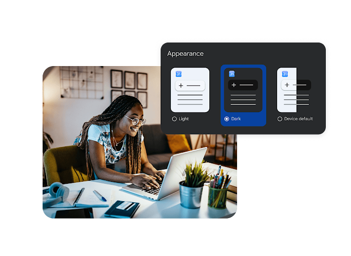 A photo of a woman working on a laptop and an image of a calendar's 'Appearance' settings menu showing the 'Dark' mode option selected.