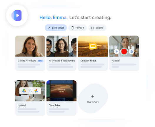 Google Vids dashboard showing creation templates and video format options