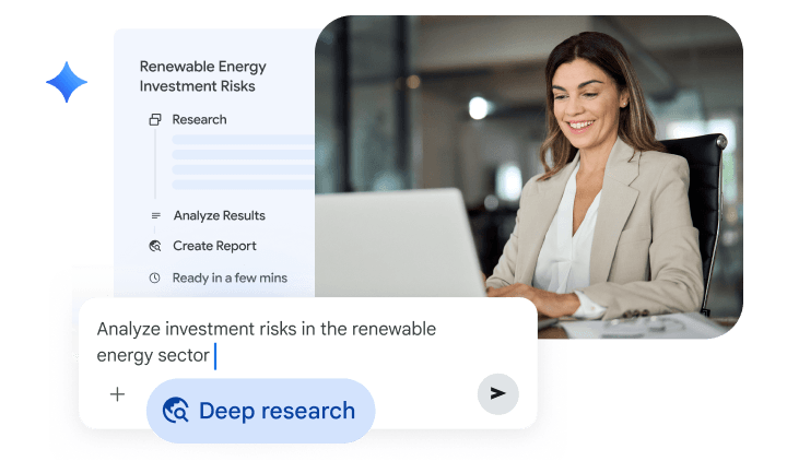 A smiling woman works on a laptop with an overlay showing a 'Deep Research' AI prompt bar and a workflow checklist for analysing renewable energy investment risks and creating reports.