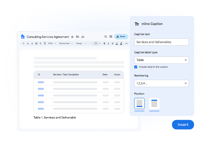UI graphic of a Google Doc titled 'Consulting Services Agreement' alongside an 'Inline caption' setup menu displaying caption text, label type and positioning controls.