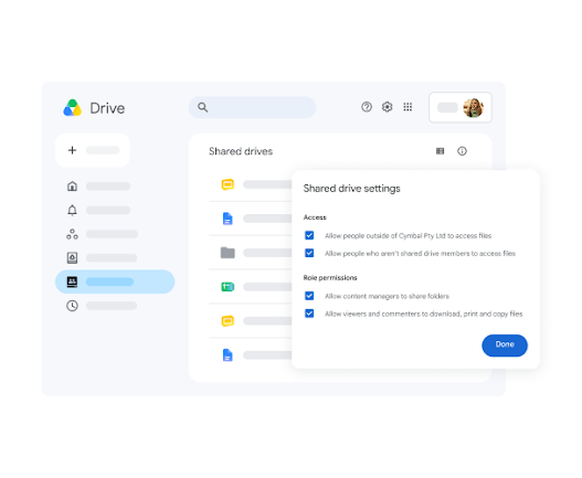 Viewing shared Drive settings for access and role permissions
