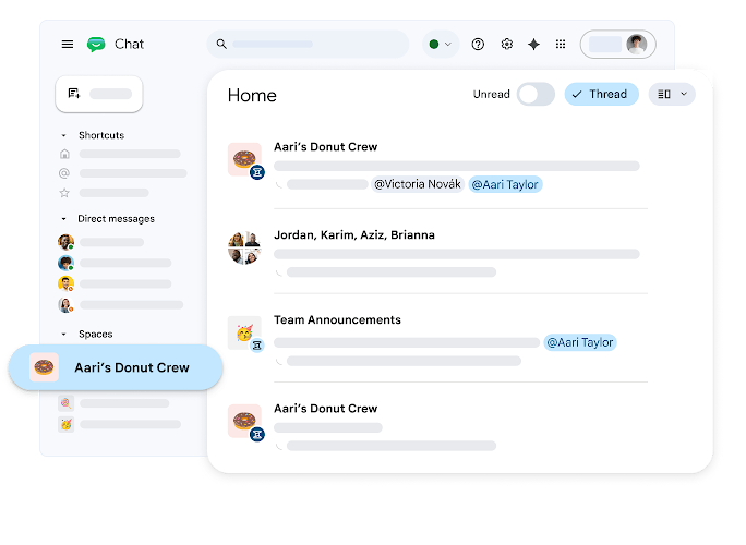 Google Chat desktop sidebar showing a list of direct messages and Spaces, including 'Aari's Donut Crew'.