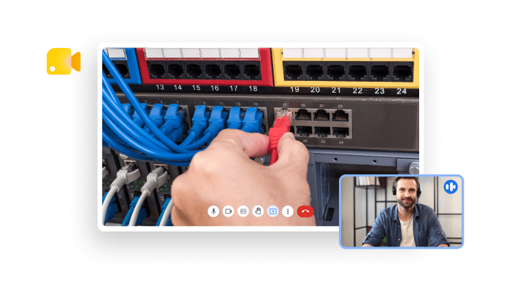 A screen capture of a Google Meet session where a user is being guided to plug in a network cable. The main feed shows the hardware rack, while a small window shows the expert assisting them.