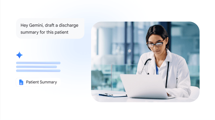 A doctor reviews medical records on a laptop. Floating UI elements show a request for Gemini to generate a patient discharge summary, with a resulting 'Patient Summary' document file displayed below.