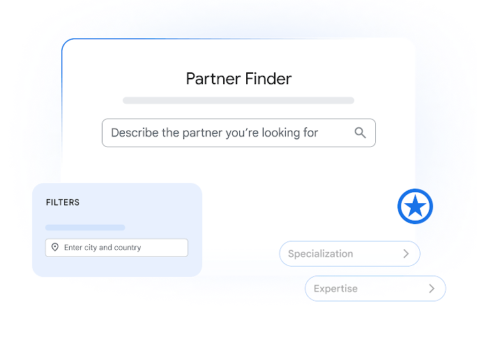 UI graphic for 'Partner Finder' showing a search field reading 'Describe the partner that you're looking for', location filters, a star badge and tags for Specialisation and Expertise.