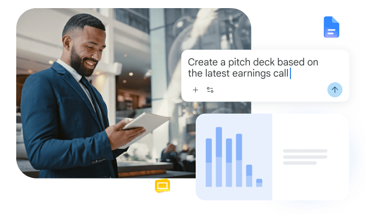 A smiling man in a suit uses a tablet, overlaid with a text bubble asking to create a proposal deck from report insights. Blue document and yellow slide icons surround a stylised bar chart graphic.