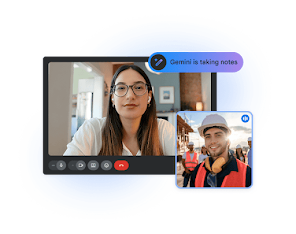 Two users in a video call with an indicator that Gemini is taking notes of the conversation