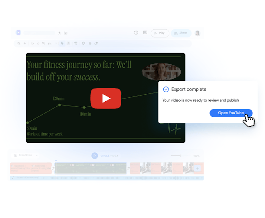 Vids editor showing an 'Export complete' notification with a button to 'Open YouTube' over a fitness presentation video