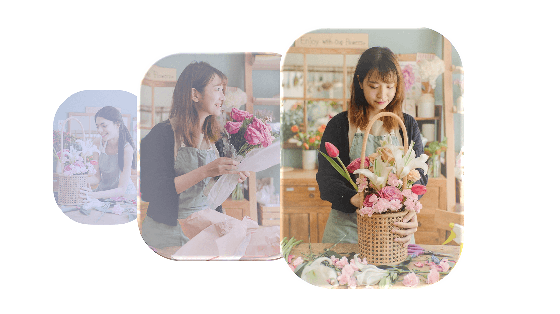 Three-layered rounded photo composite of florists working with flowers in a flower shop, set against a light background