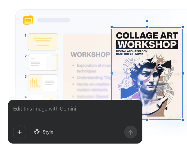 A Google Slides interface displays a slide for a “Collage Art Workshop” featuring a classical statue graphic. Overlaid on the image is a Google Pics editing prompt bar with options including “Edit this image with Gemini” and style customization tools.