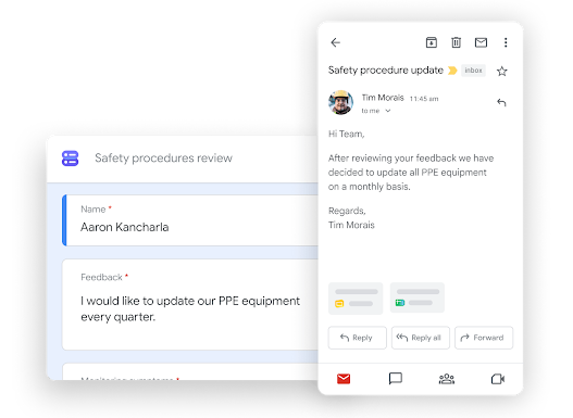Workspace illustrative graphic – team mates edit docs while on a Google Meet call together