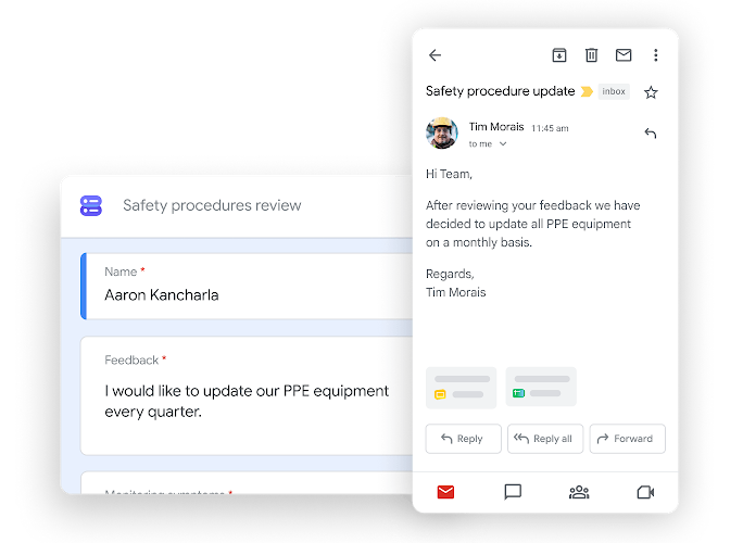 Workspace illustrative graphic – team mates edit docs while on a Google Meet call together