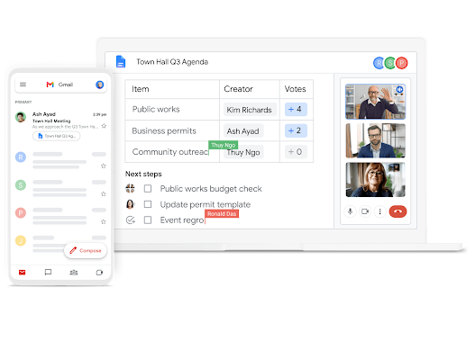 Google Workspace interface graphic – Mobile and desktop collaboration between Gmail, Meet and Docs