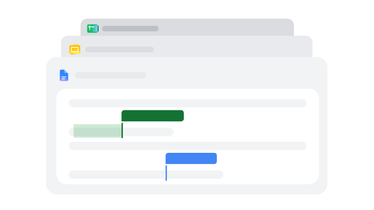 A calendar showing green and blue horizontal bars, which represent shared files and collaboration.
