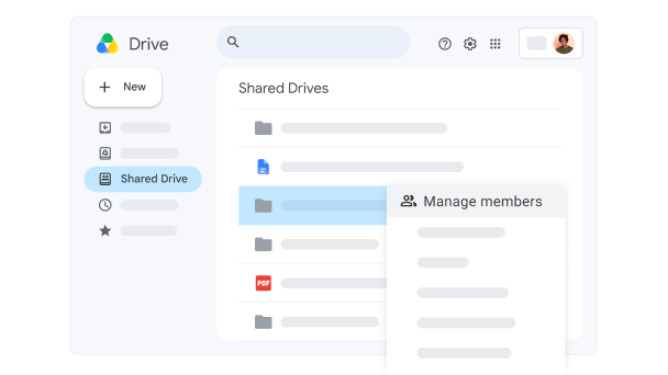 Google Drive UI showing a Shared Drive file selected to 'Manage members'. 