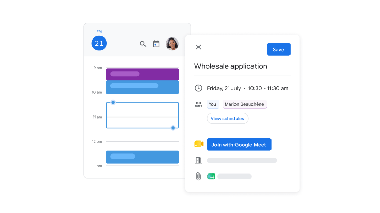 A Google Calendar interface shows a new event titled 'Wholesale application' being scheduled for Friday, 21 July, from 10.30 to 11.30 a.m. The event details include a Google Meet link and an attached Google Sheet.
