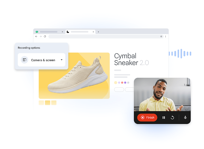 Vids screen and camera recording interface featuring a presenter and a product webpage