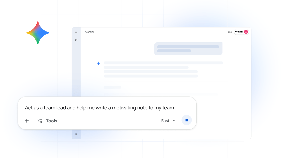 The Gemini AI interface features a text box with a prompt asking for help writing a motivating note to a team.