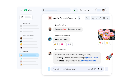 Google Chat conversation showing a message with an image of doughnuts, reactions and a message listing next steps for a new product launch.