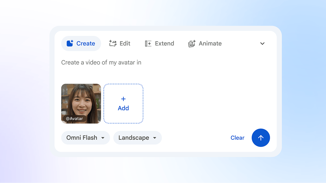 A text prompt interface for AI video generation featuring an avatar preview, prompt text field, model selector and format drop-down.